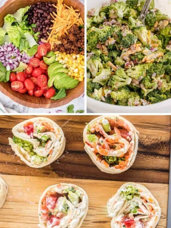 Collage of healthy lunch ideas (taco salad, broccoli salad, and veggie pinwheels)
