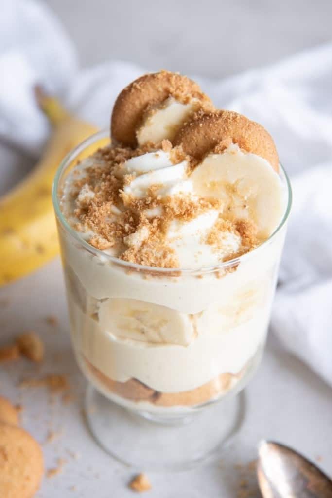 Banana pudding trifle in trifle dish