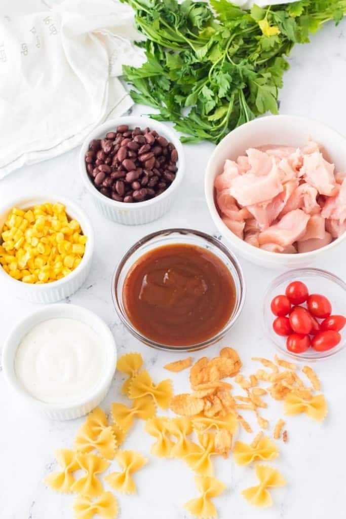 prepared ingredients for BBQ chicken salad