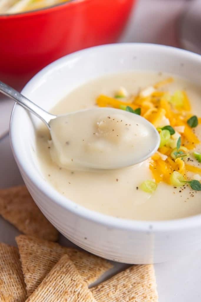 spoon dishing up some soup from white bowl