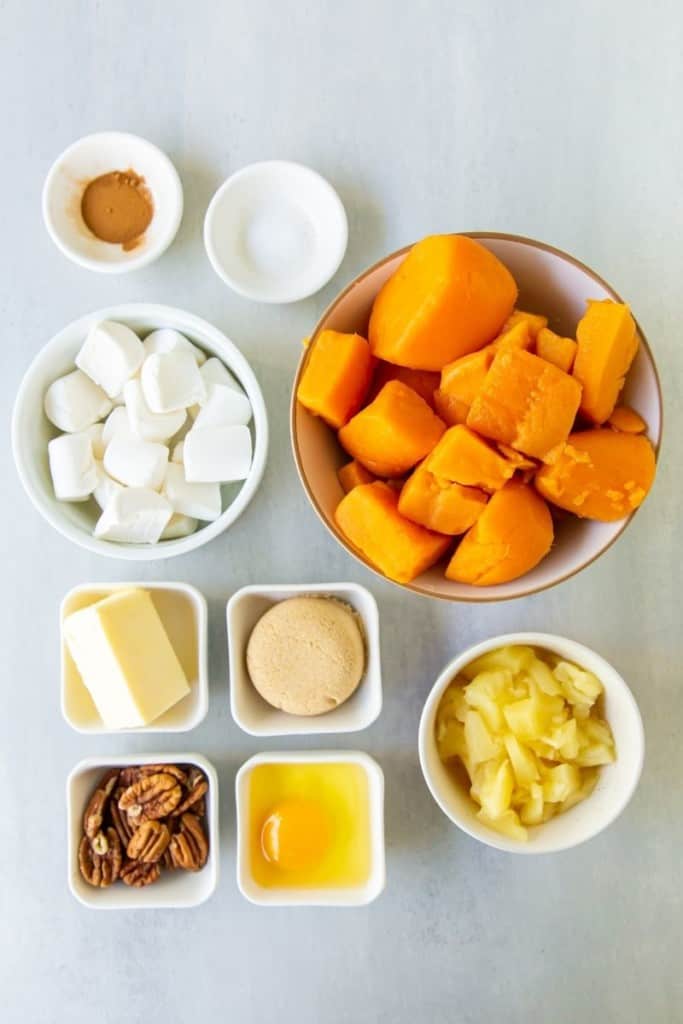 prepared ingredients for sweet potato casserole with pineapple