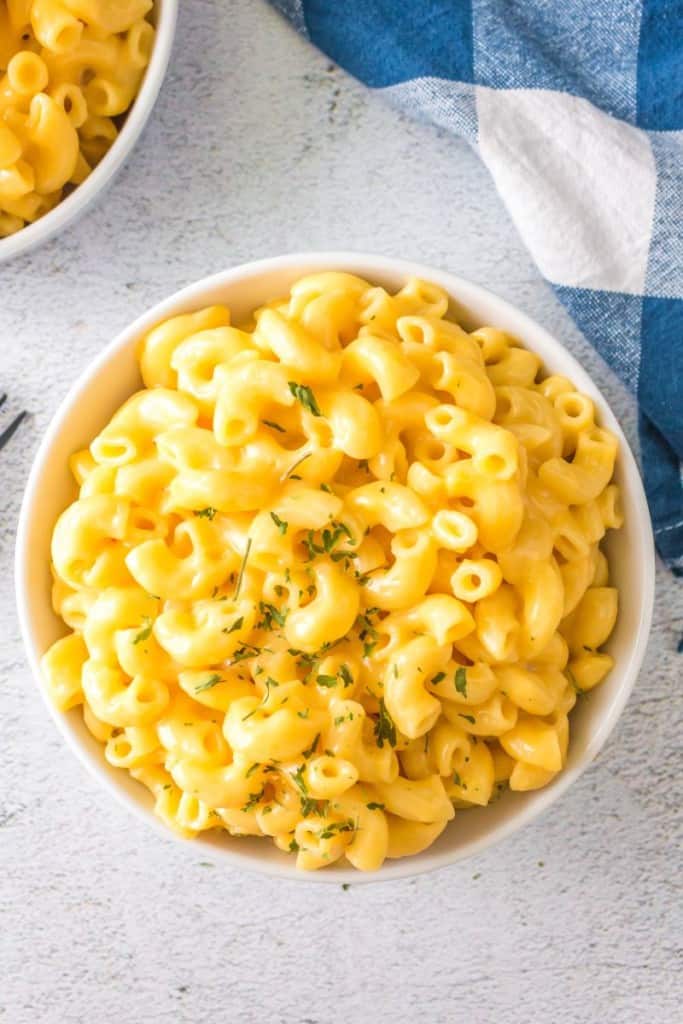 overhead view of a bowl of macaroni and cheese