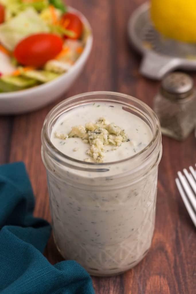 jar filled with homemade blue cheese dressing