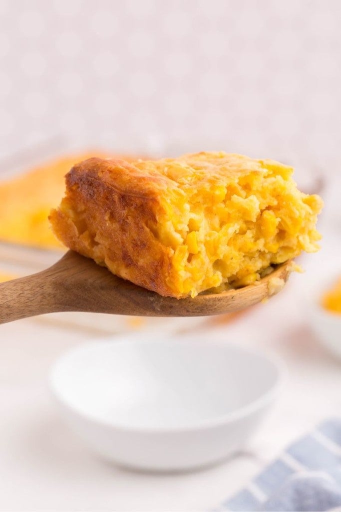 easy corn casserole on a spoon