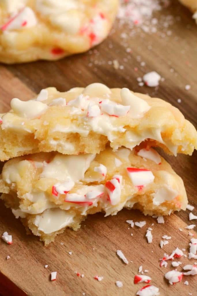 peppermint white chocolate cookies broken in half