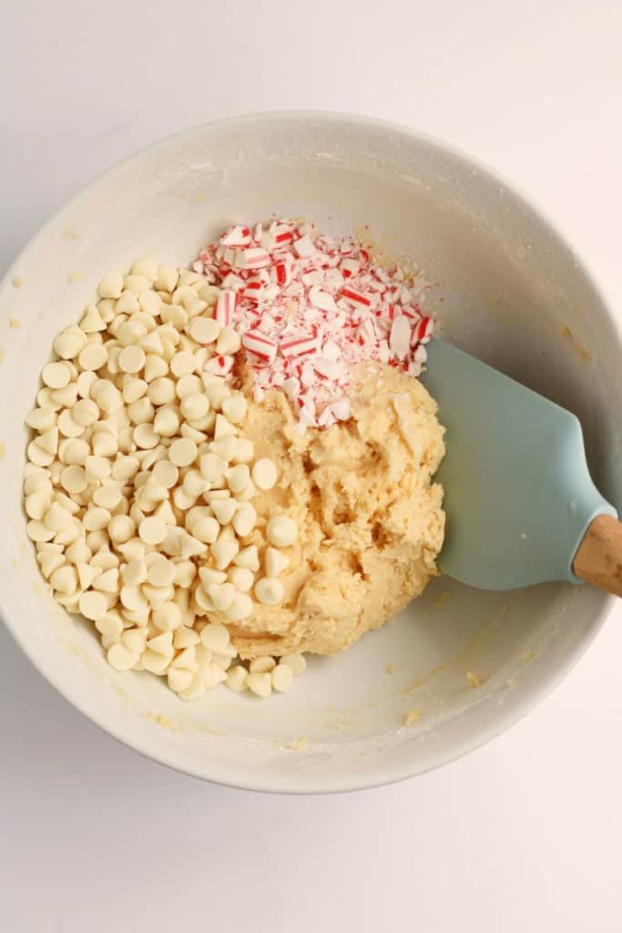 folding in chocolate chips and peppermint