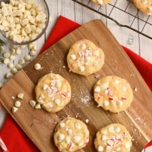 white chocolate peppermint cookies on a cutting board