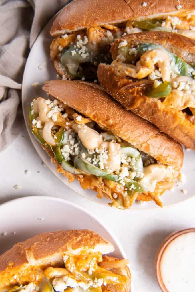 buffalo chicken subs on platter