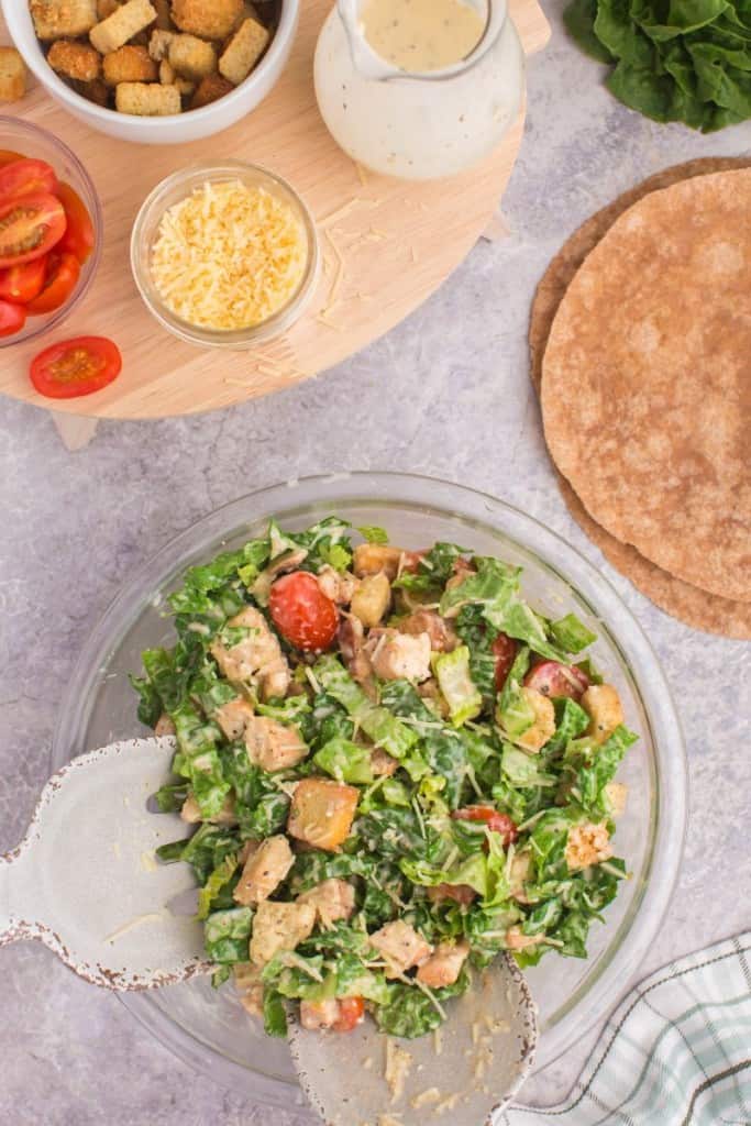 bowl with chicken caesar filling