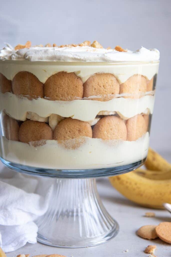 Side view of the homemade banana pudding in a trifle dish.