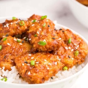 side view of teriyaki chicken on plate