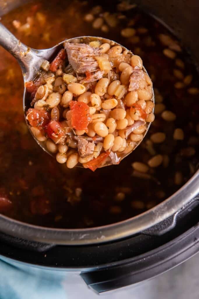 ladle filled with navy bean soup