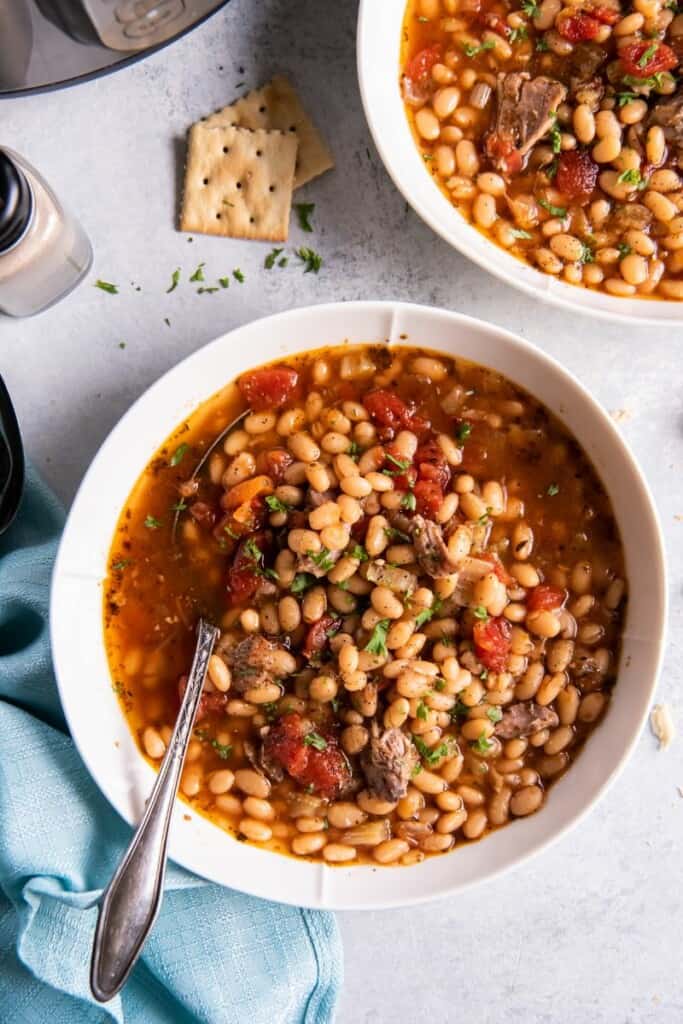 bowls with navy bean soup