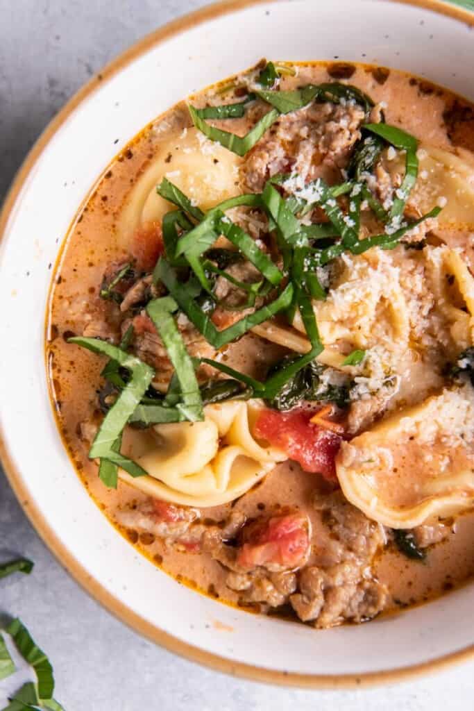 bowl with tortellini soup