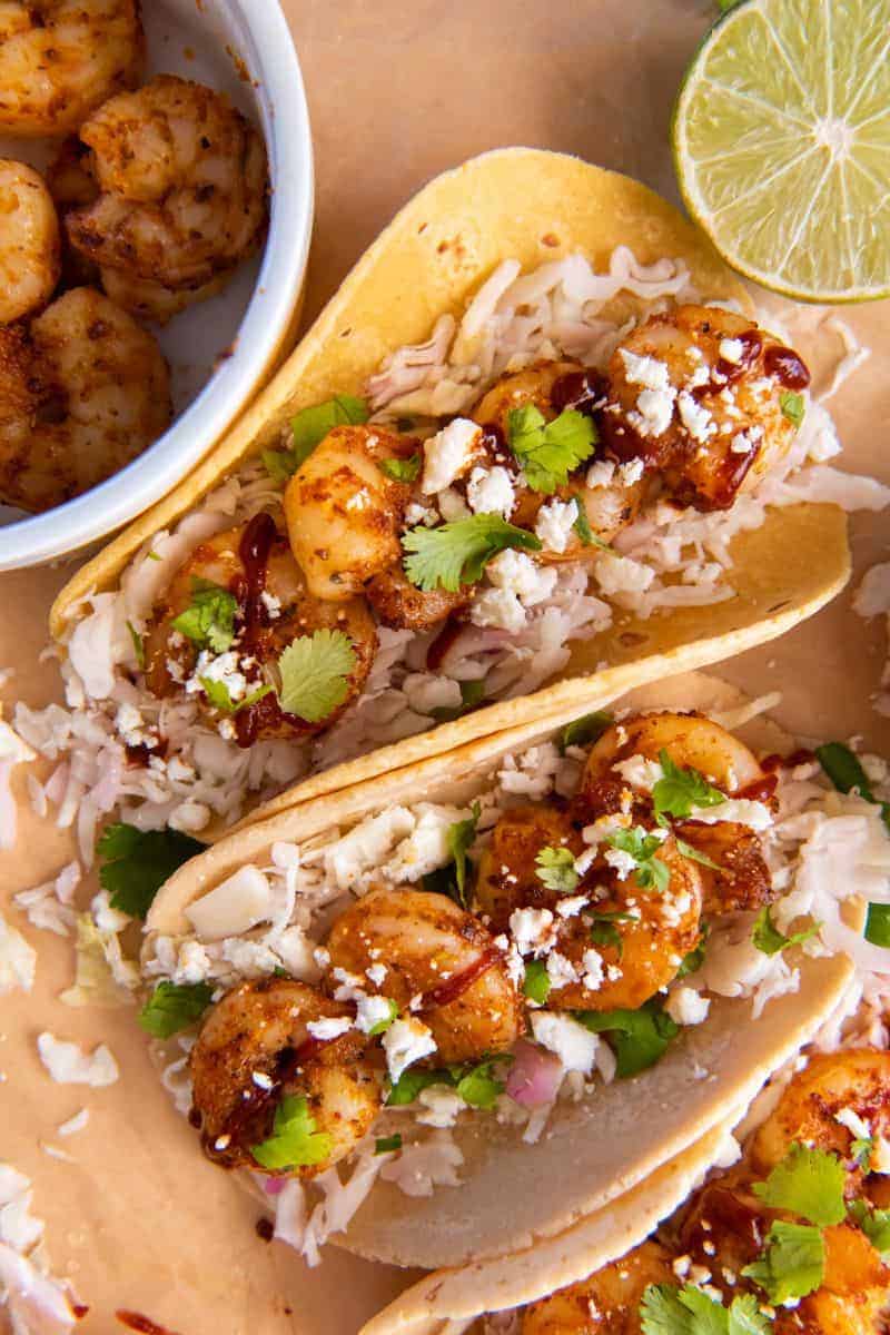 shrimp tacos on platter ready to serve