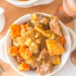 overhead shot of beef stew in a bowl