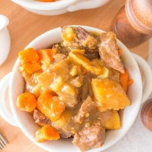 overhead shot of beef stew in a bowl