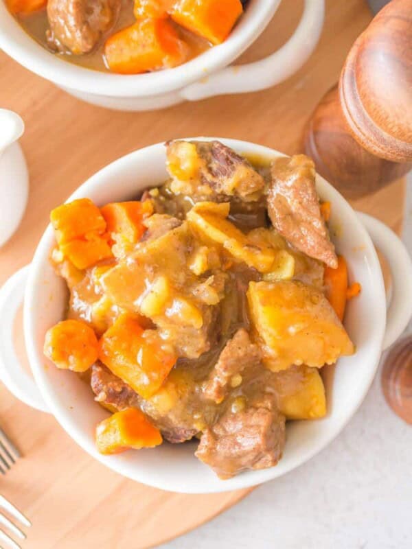overhead shot of beef stew in a bowl