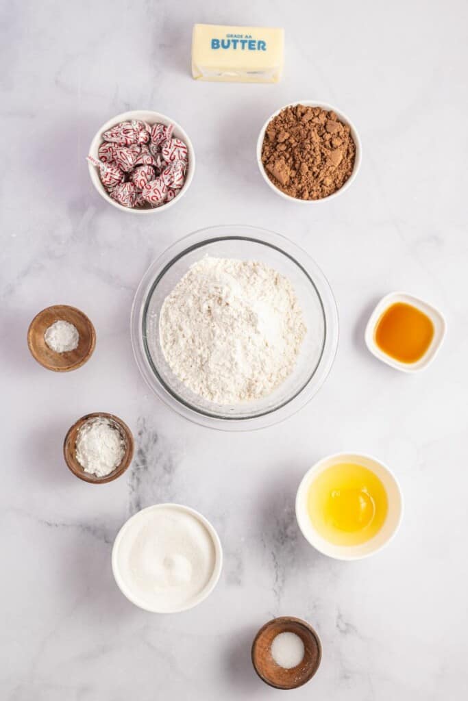 ingredients to make peppermint kiss cookies
