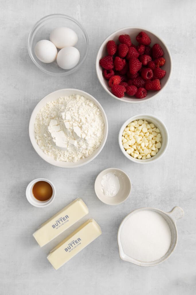 ingredients to make raspberry and white chocolate loaf cake