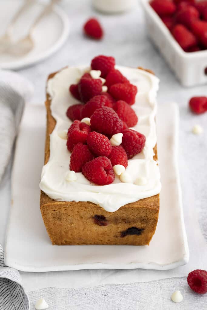 loaf cake on a white platter