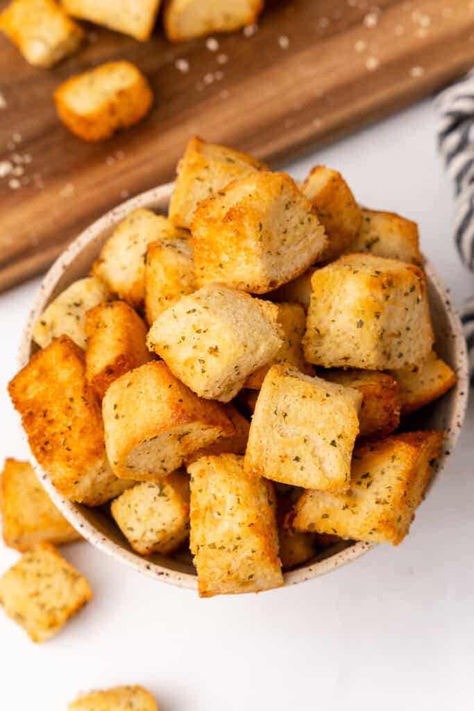 overhead view of a bowl of croutons