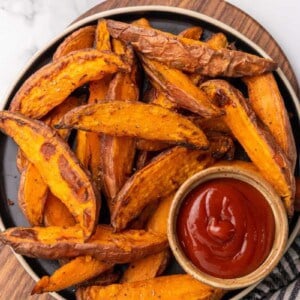 overhead shot of serving plate with sweet potato wedges