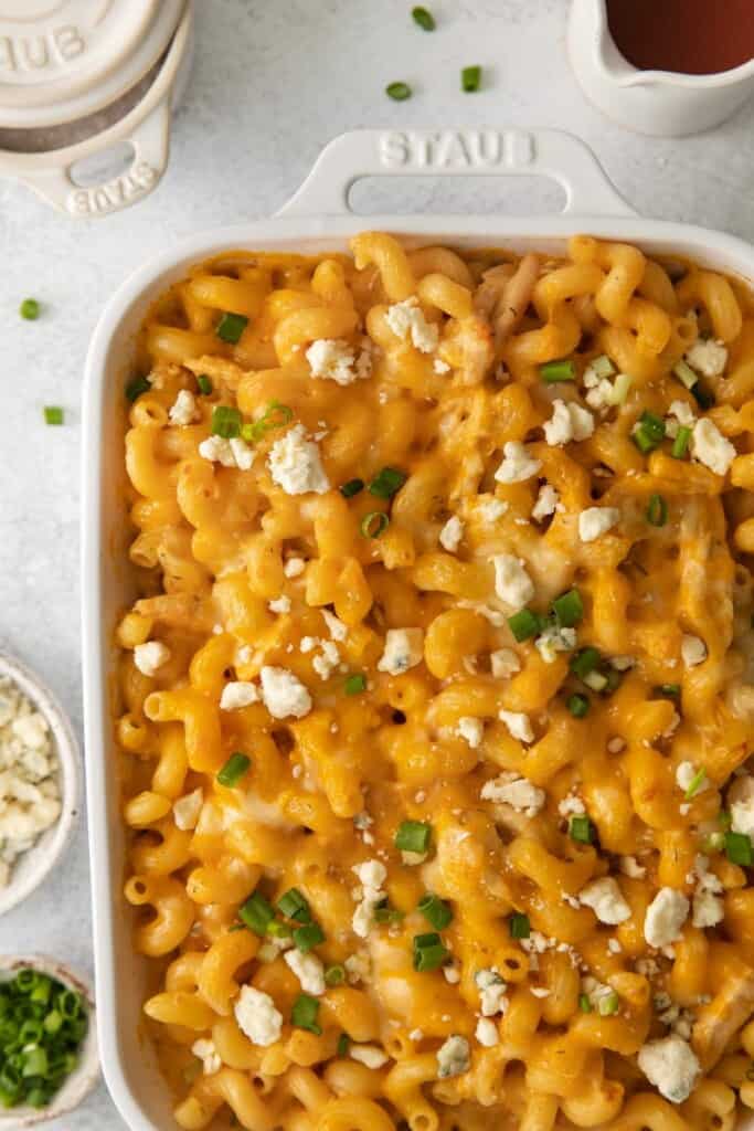 buffalo chicken mac and cheese in casserole dish