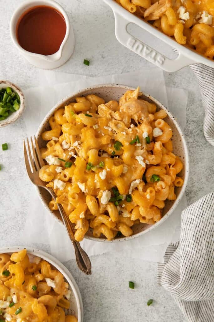 bowl of mac and cheese with a fork