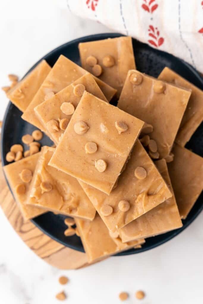 overhead plate with pieces of peanut butter fudge