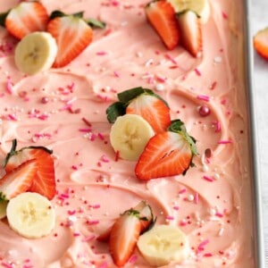 closeup of strawberry banana cake