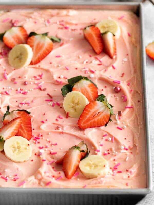 closeup of strawberry banana cake