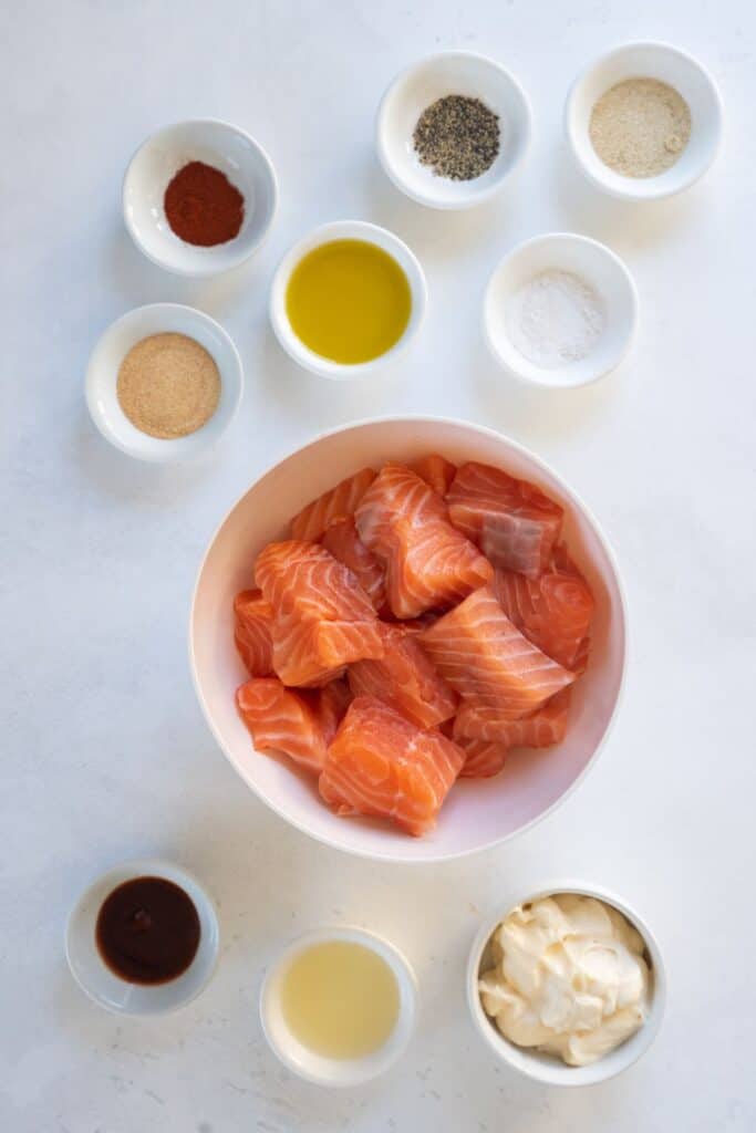 Ingredients needed to make air fryer salmon bites.