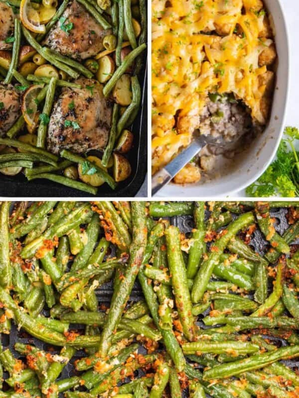 three recipes made with frozen green beans (sheet pan chicken dinner, green bean tater casserole, and air fryer frozen green beans)