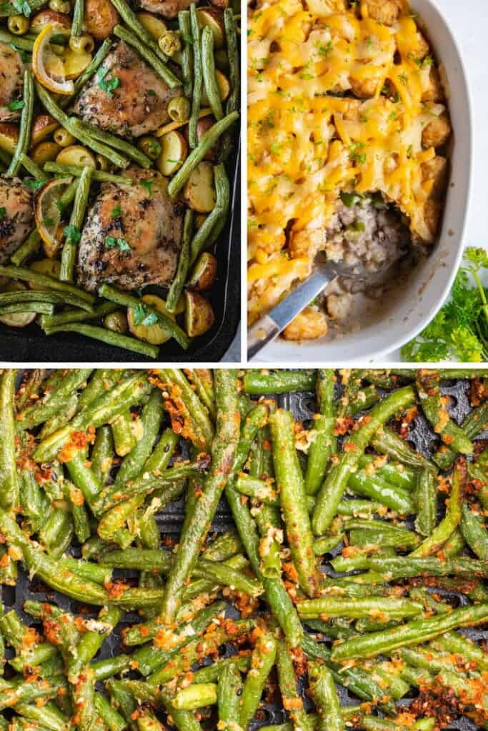 three recipes made with frozen green beans (sheet pan chicken dinner, green bean tater casserole, and air fryer frozen green beans)