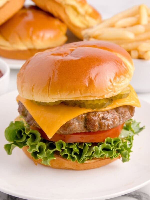 Air fryer hamburger on a white plate with a bun, cheese, lettuce, tomato, and pickles.