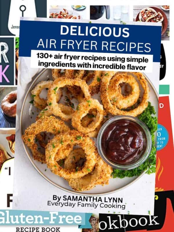 Collage of air fryer cookbooks with delicious air fryer recipes cookbook on top