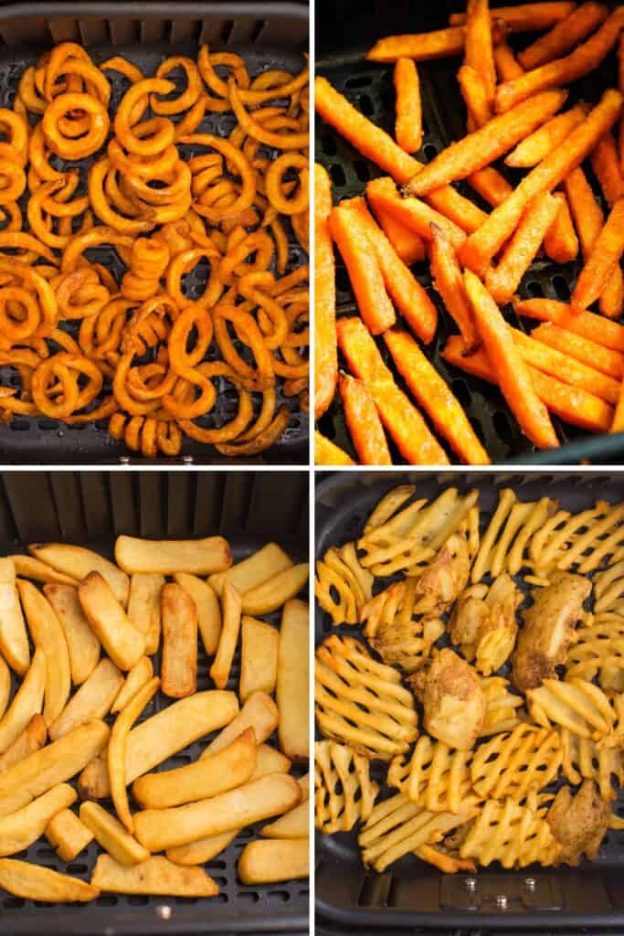 4 kinds of air fryer frozen fries - curly fries, sweet potato fries, steak fries, and waffle fries.