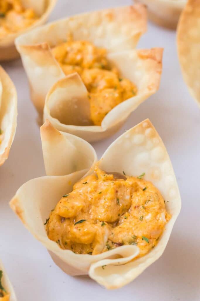 closeup of buffalo chicken wonton