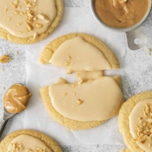 broken cookie with peanut butter icing