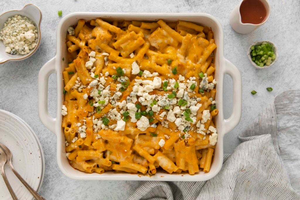 buffalo chicken pasta bake with toppings