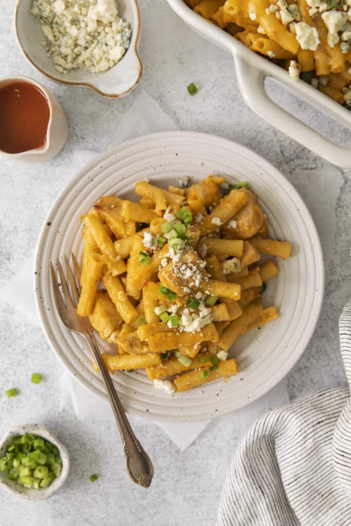 plate with buffalo chicken pasta bake