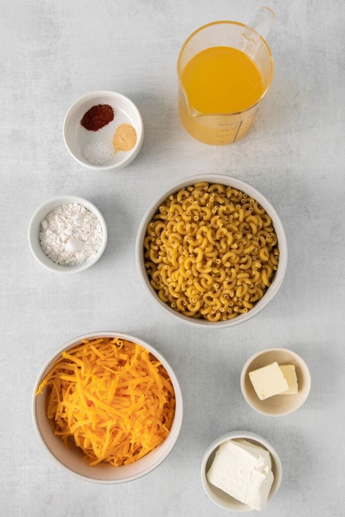 Ingredients needed to make mac and cheese without milk.