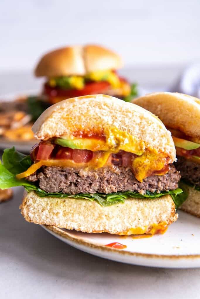 Air fryer Impossible Burger cut in half