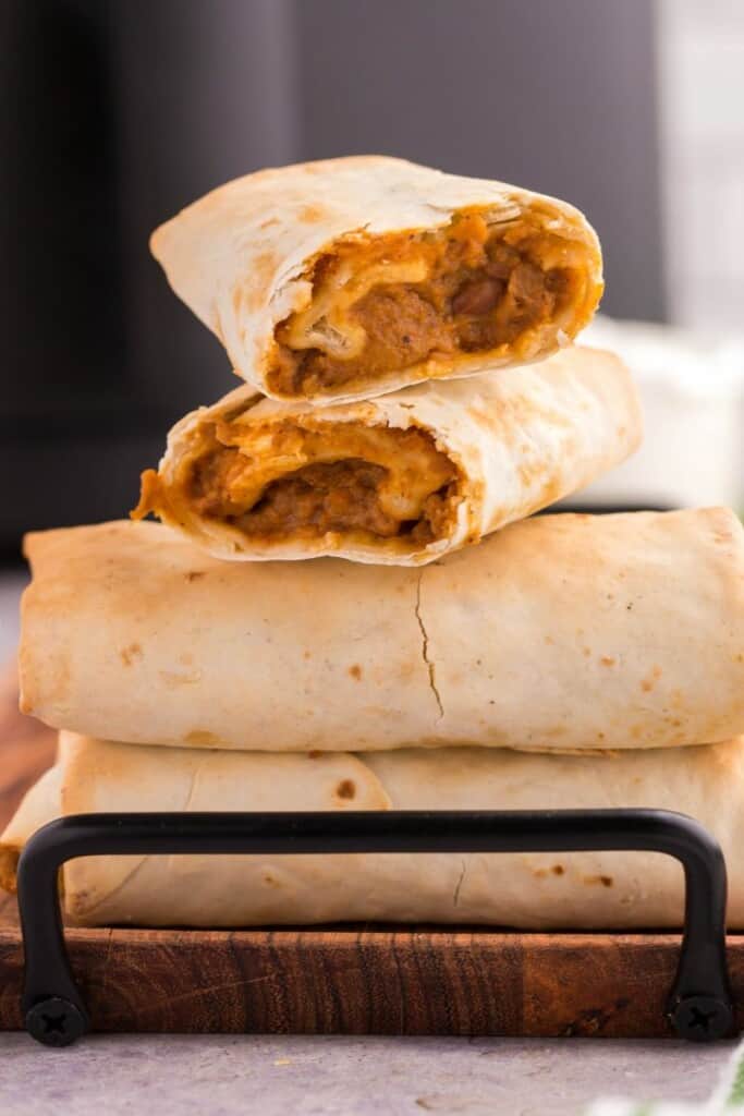 reheated burrito stacked on top of each other cut in half