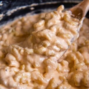 Overhead view of a spoon holding a bite of slow cooked macaroni and cheese.