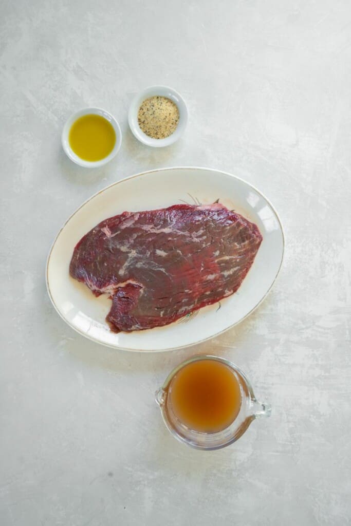Ingredients needed to prepare flank steak in the instant pot.
