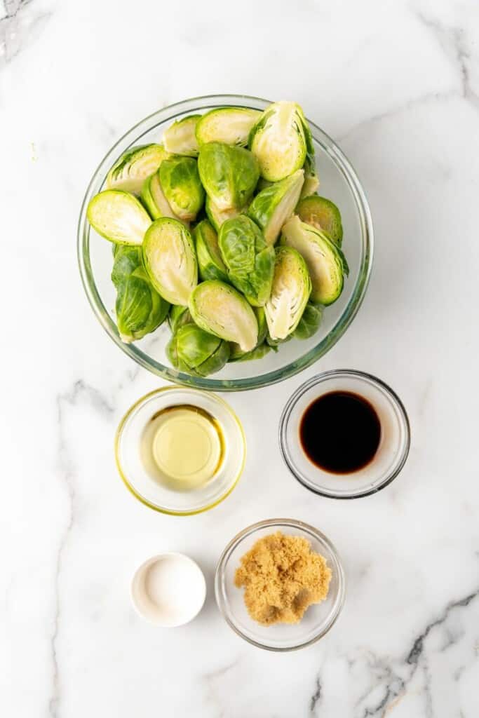 Ingredients needed to prepare brussels sprouts in the air fryer.