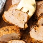Overhead view of a prepared Ninja Foodi Pork Tenderloin