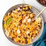 Overhead view of Southwest Bowls in a gray bowl with a spoon.
